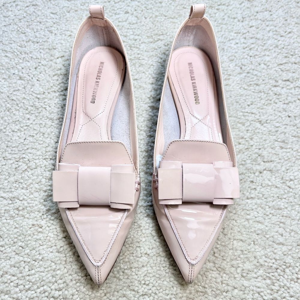 Nicholas Kirkwood Bow Accent Patent Leather Beya Flats Blush Size 35